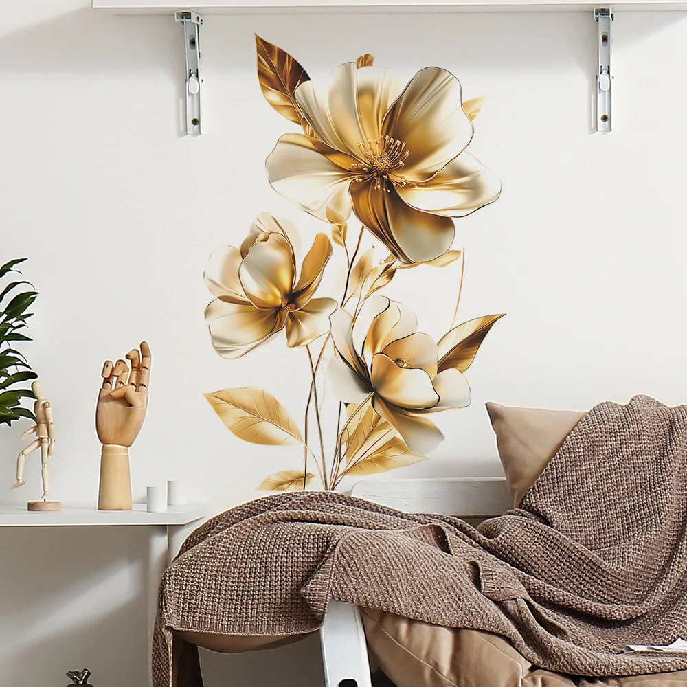 Image of Goldene Blumen dekorative Vinyl-Wandaufkleber für Wanddekoration, selbstklebende Tapete, Möbelaufkleber, Schlafzimmer-Accessoires, Raumdekoration