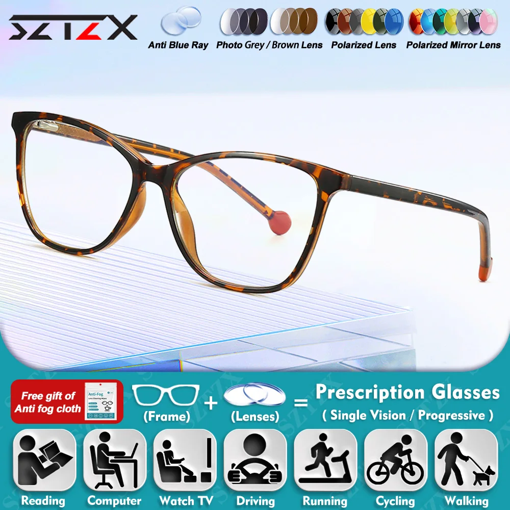 

SZTZX New Fashion Women Myopia Photochromic Prescription Glasses High Quality Reading Blue Light Filter Progressive Eyeglasses