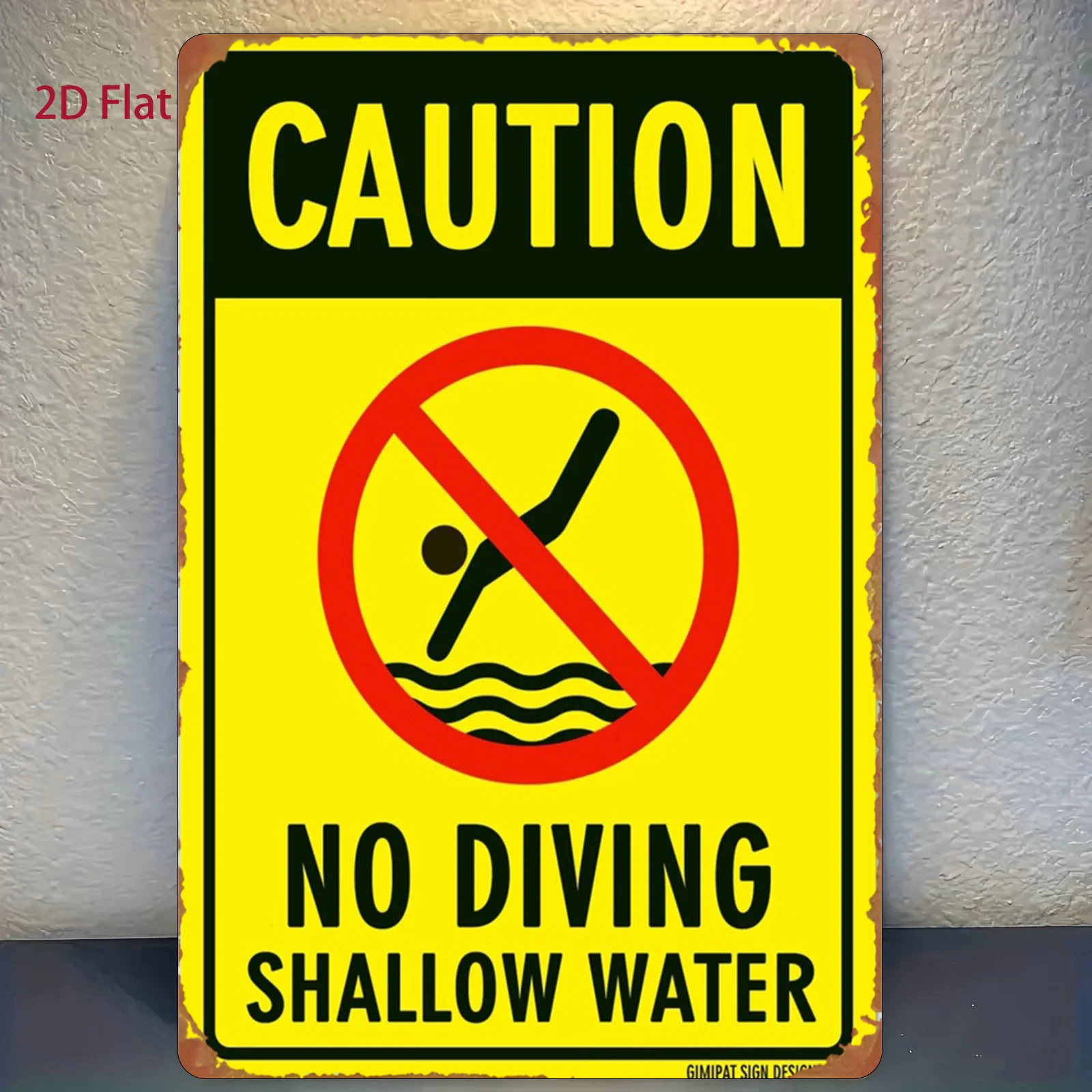 2D Metal Sign 8x12 Inch Warning Shallow Water No Diving Tin Plate Retro Wall Art Indoor Outdoor Cafe Bar Man Cave Decorative Pla
