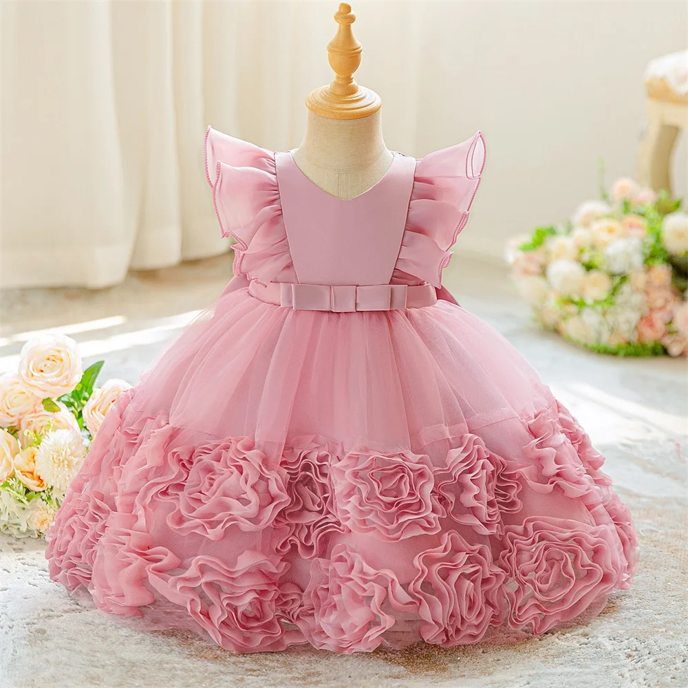 Flying Sleeve Flower Wedding Baby Party Girl Dresses Elegant Princess 1st Birthday Baptism Dress for Kids Lace Christmas Costume