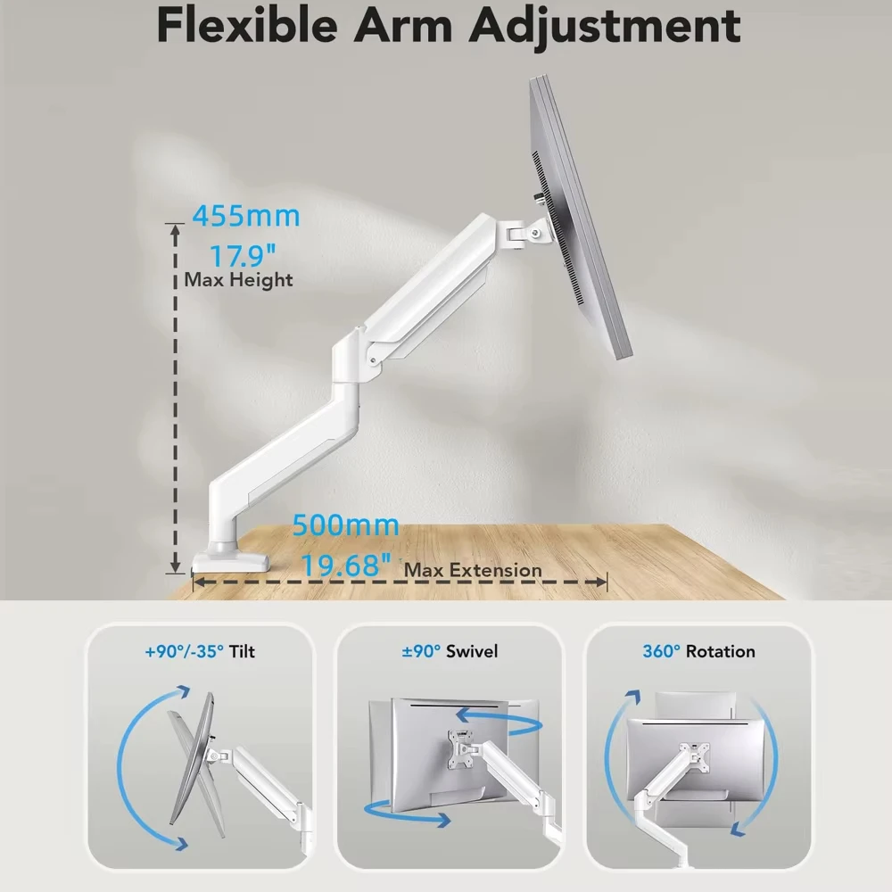 Single Monitor Mount Bracket for 14″–32″ Screens, Height Adjustable Monitor Arm with C-Clamp, Home Office Monitor Stand image 5
