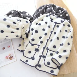 New autumn and winter wave dot ladies flannel pajamas long-sleeved trousers two-piece thick round neck cardigan home service set