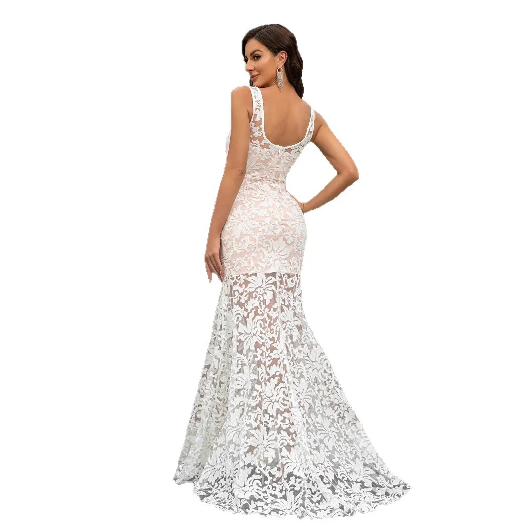 Ele encaje ahueca hacia fuera el verano nuevo Sle boda Dr falda larga Sexy Fi Tail Svel vestido de tela de seda de cintura alta