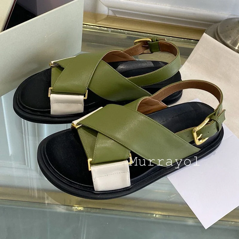 Echtes Leder Zurück Strap Flache Sandalen Frauen Offene spitze Kreuz Design Mischfarben Sandalen Sommer Urlaub Schuhe Gladiator