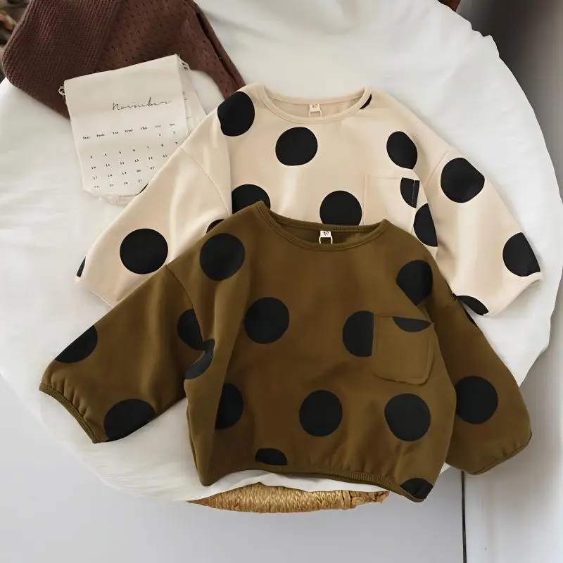 Koreanischer Kinder-Jungen-Sweatshirt aus Baumwolle mit Retro-Punktemuster für Kleinkinder, Basic-Shirts mit lockerem Rundhalsausschnitt, Pullover für Babys und Jungen