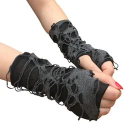 Guantes largos sin dedos negros góticos sexys, guantes de Halloween para principiantes, guantes de Cosplay oscuros Punk con agujero negro, Y2K