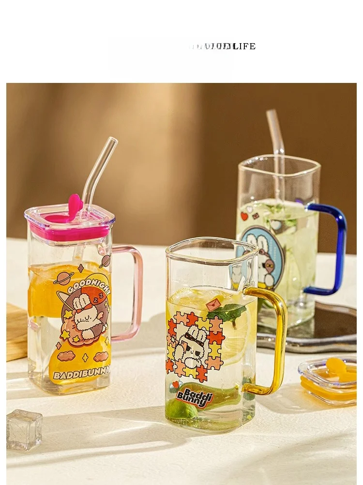 

Tlife Fluffy Glass Cup with St Cute Lid Heat Resistant Cartoon Print Home Water Cup High Aesthetic Value Velvet Soft Texture