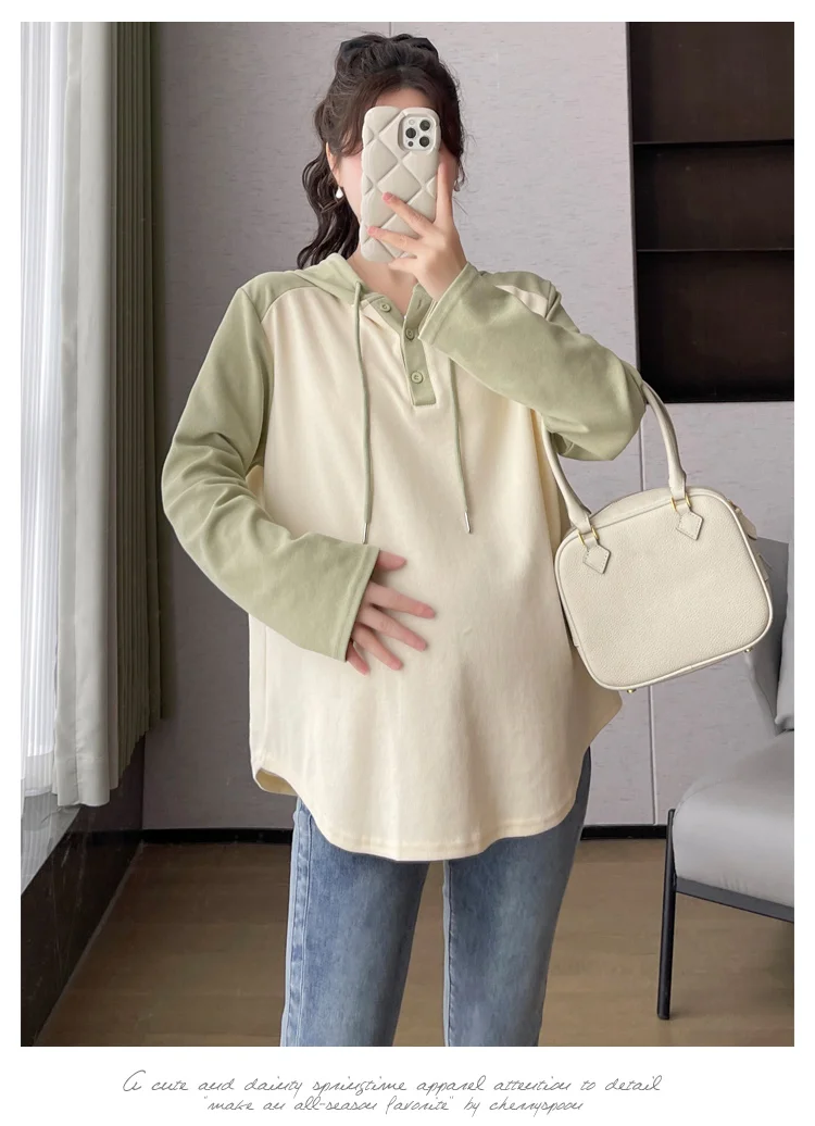 

Autumn Pregnant Women Casual Hoodies Fashion Long Sleeve Hooded Maternity Sweet Loose T-shirt Block Color Patchwork Sweatshirts