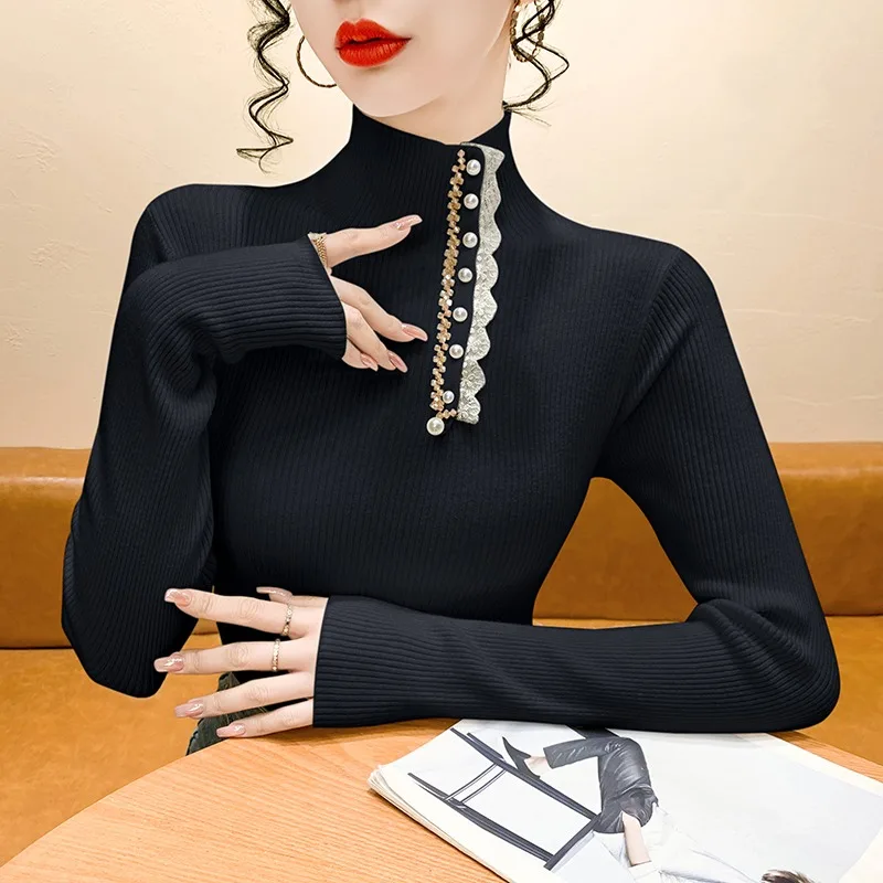 เสื้อไหมพรมแต่งขอบลูกไม้ แขนยาว คอสูง ทรงเข้ารูป ใส่เป็นเสื้อตัวในหรือเสื้อตัวนอก สำหรับผู้หญิง ฤดูใบไม้ร่วง ฤดูหนาว รุ่นใหม่ สไตล์ Sle Com...