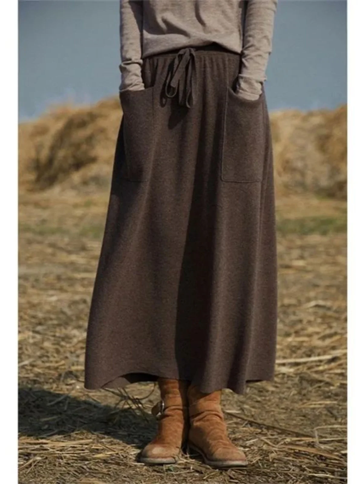 

Slimming Mid-Length Double ket Skirt Sexy Sle Knitted A-Line Midi Skirt Pure Color Casual Wear for Young Women