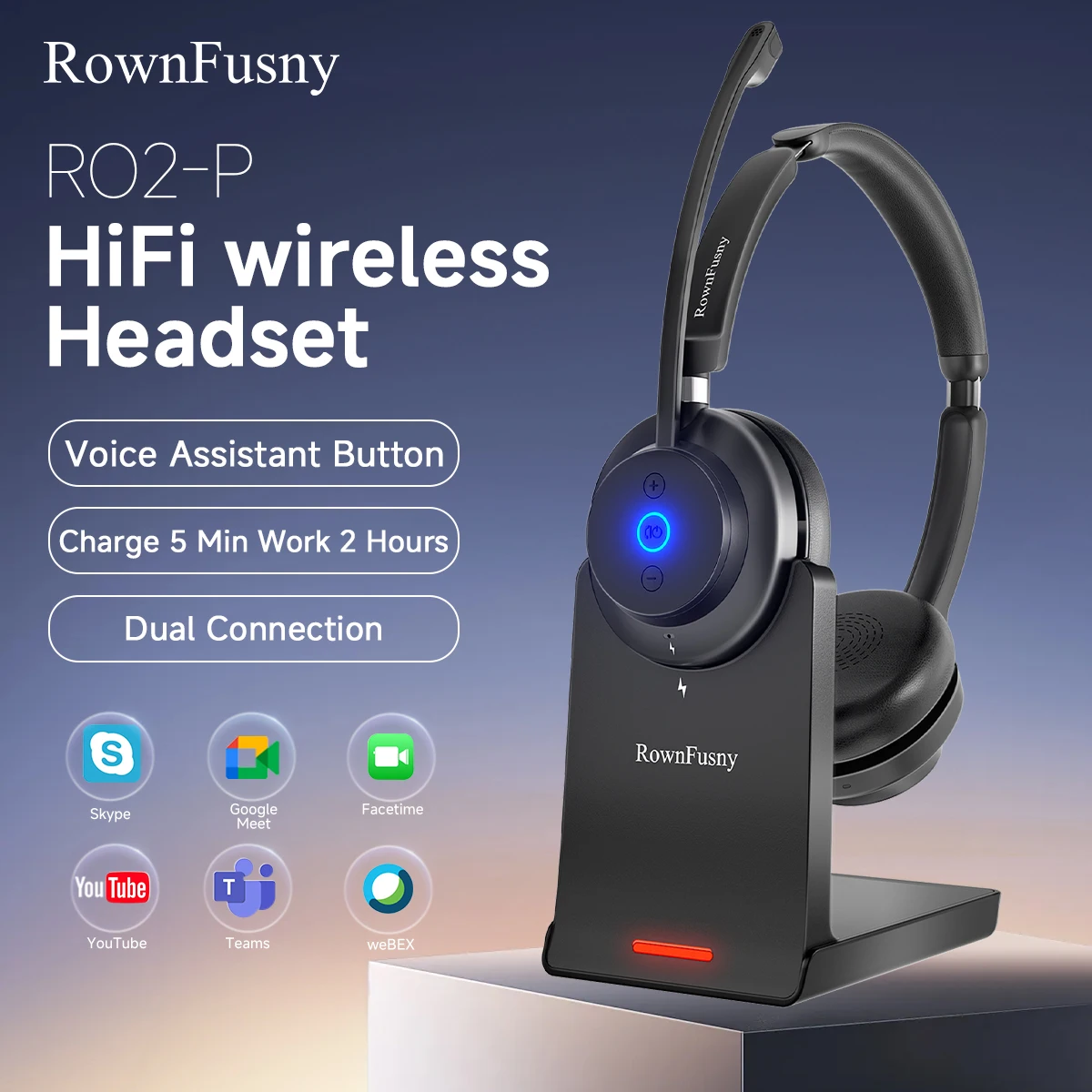 Rownfusny R02 Wireless Headset with Mic for Work USB Dongle Bluetooth Over Ear Headphones for Call Center Noise Cancelling