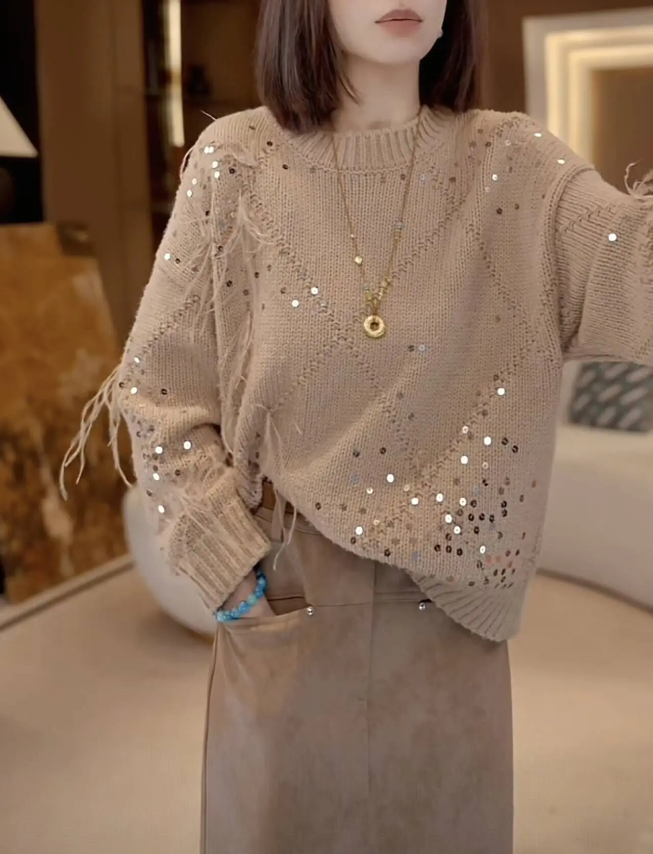 

French Fashion Spring Autumn 2025 Women's Sweater Sequined Knitted O-Neck Long Sleeve Feathers Soft Pullover Top's F421