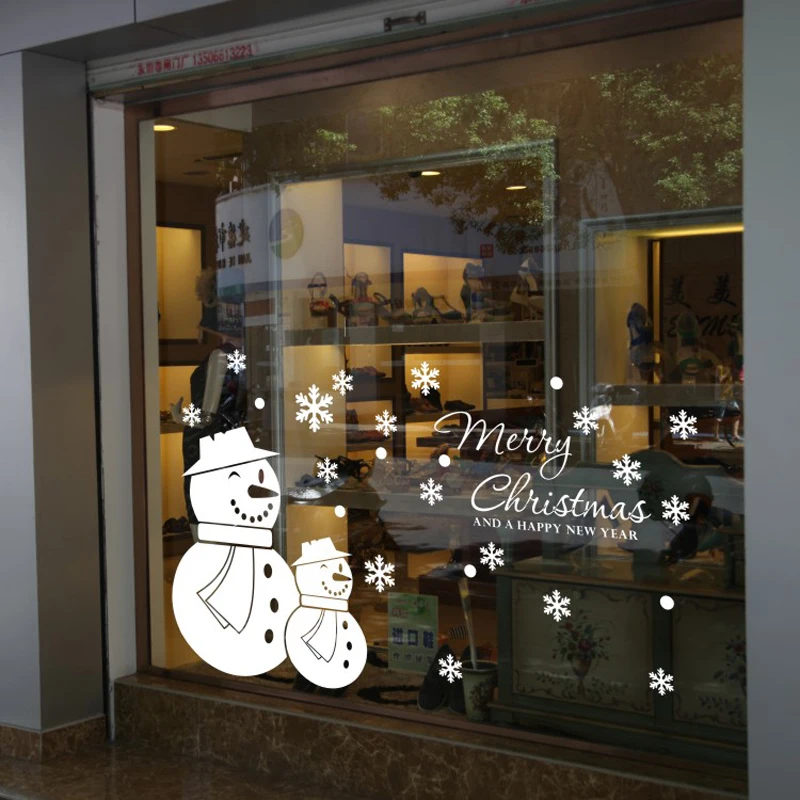 Merry Christmas Snowman Wall Decal, Holiday Snowflake Sticker for Living Room Window, Vinyl Winter Home Decor Art Poster