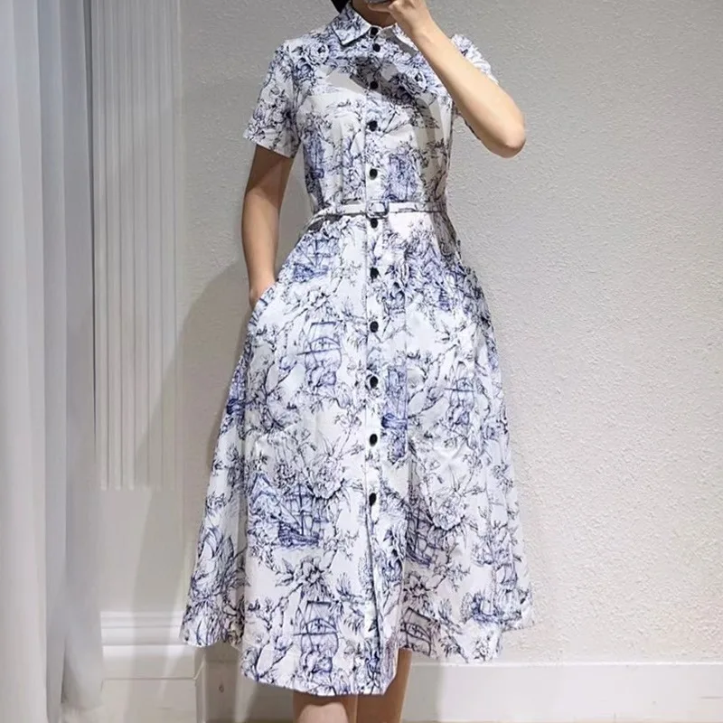 Vestido caqui estampado Vintage para mujer con fajas, vestidos elegantes de manga corta con vuelta hacia abajo, ropa de negocios con diseño de pasarela