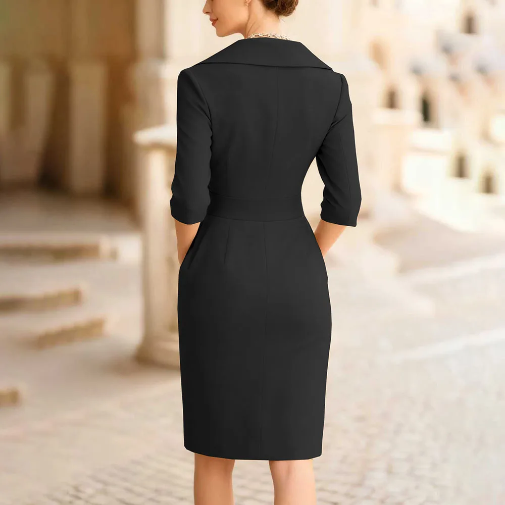 knee length suit dress Popular Commuter – Slim Fit Mid-Length Lapel Dress With Slit Details For Business & Cobra Headpiece