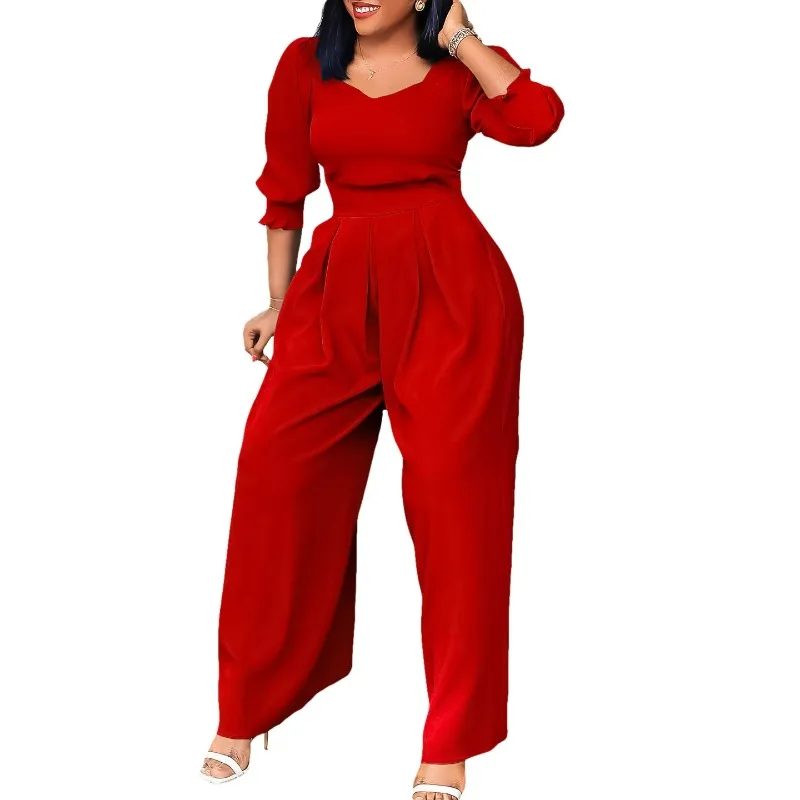 Combinaison à manches mi-longues pour femmes, barboteuse, jambe large, pantalon monochrome, vêtements africains, mode automne, vente en gros, livraison directe, nouveau