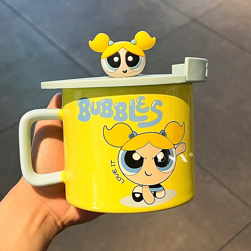 Buttercup Bubbles Blossom The Powerpuff Girls Cute Cartoon 420ML With Cover Ceramic Coffee Cup Kawaii Mug Water Cup Periphery