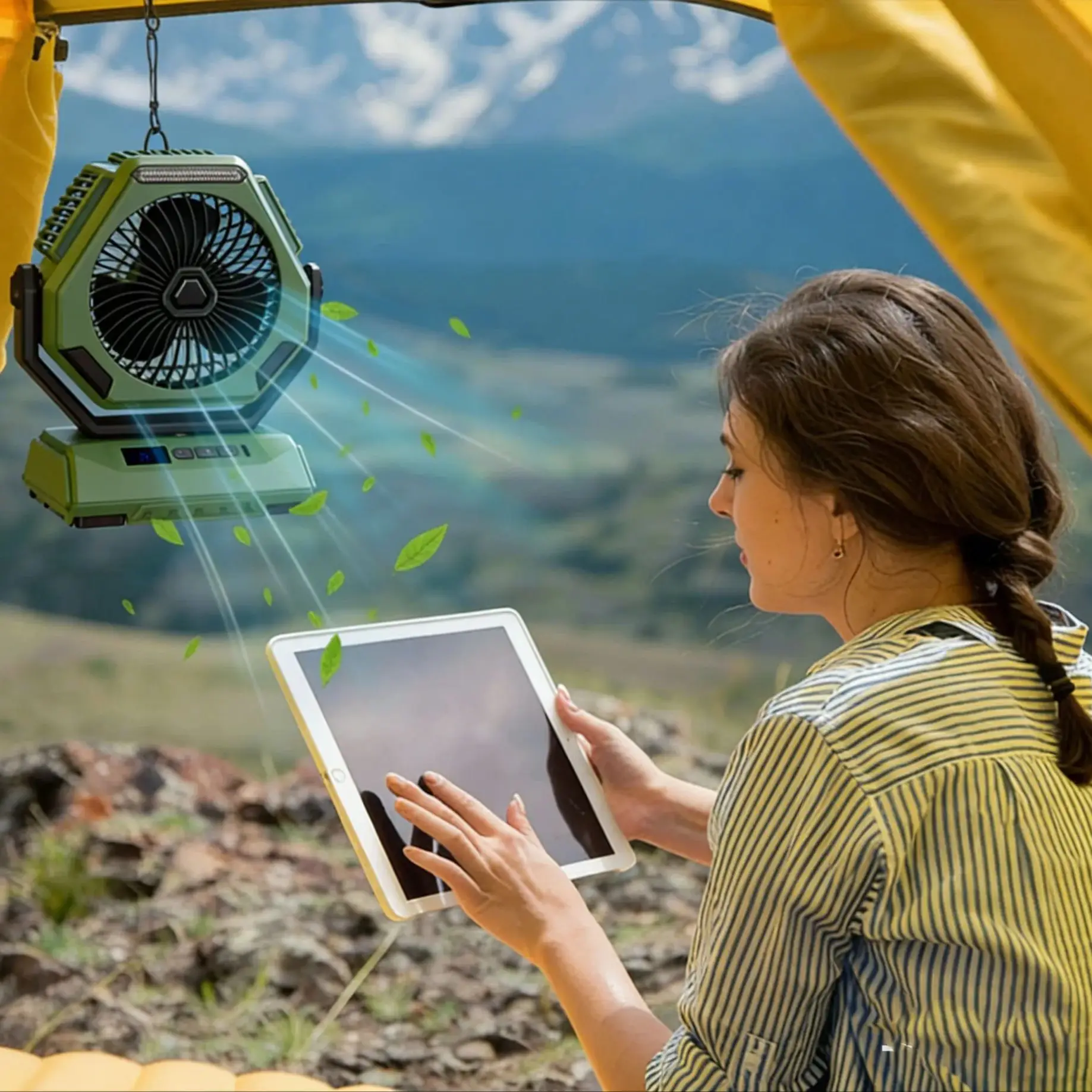 Rechargeable Green Camping Fan With LED Lights A Variable Speed Silent Hanging Fan Suitable For Outdoor Tents Fishing Parties