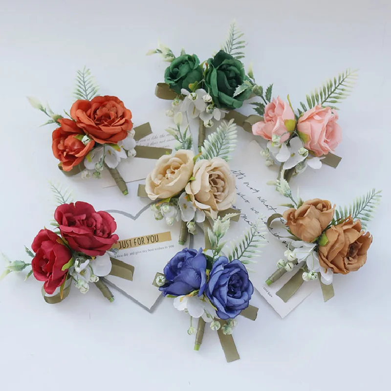 Boutonniere 및 손목 코사지 웨딩 용품, 연회 하객 시뮬레이션 꽃, 신랑 신부 콩 페이스트 핑크 514