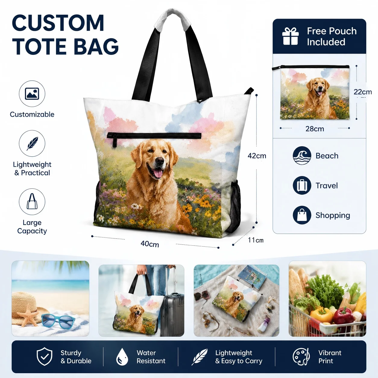 Custom Large Capacity Tote Bag for Women Waterproof Shoulder Bag with Zipper Personalized Travel Beach Gym Handbag