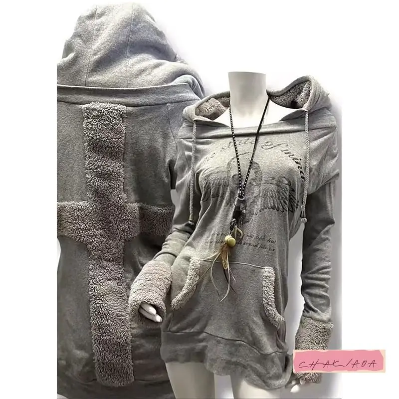 

Y2K Skull Wing Print Sleeve Knit Gothic Solid Color Hoodie Womens Personalized Gray Pullover Sweater Autumn and Winter Warm Top