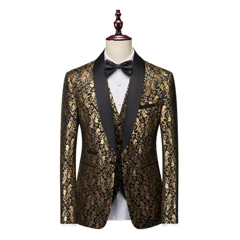 Golden Print Wedding Men Groom Tuxedos Shawl Lapel Pattern Blazer Custom Made Prom Male White Party Coat Jacket Vest Pants Suits