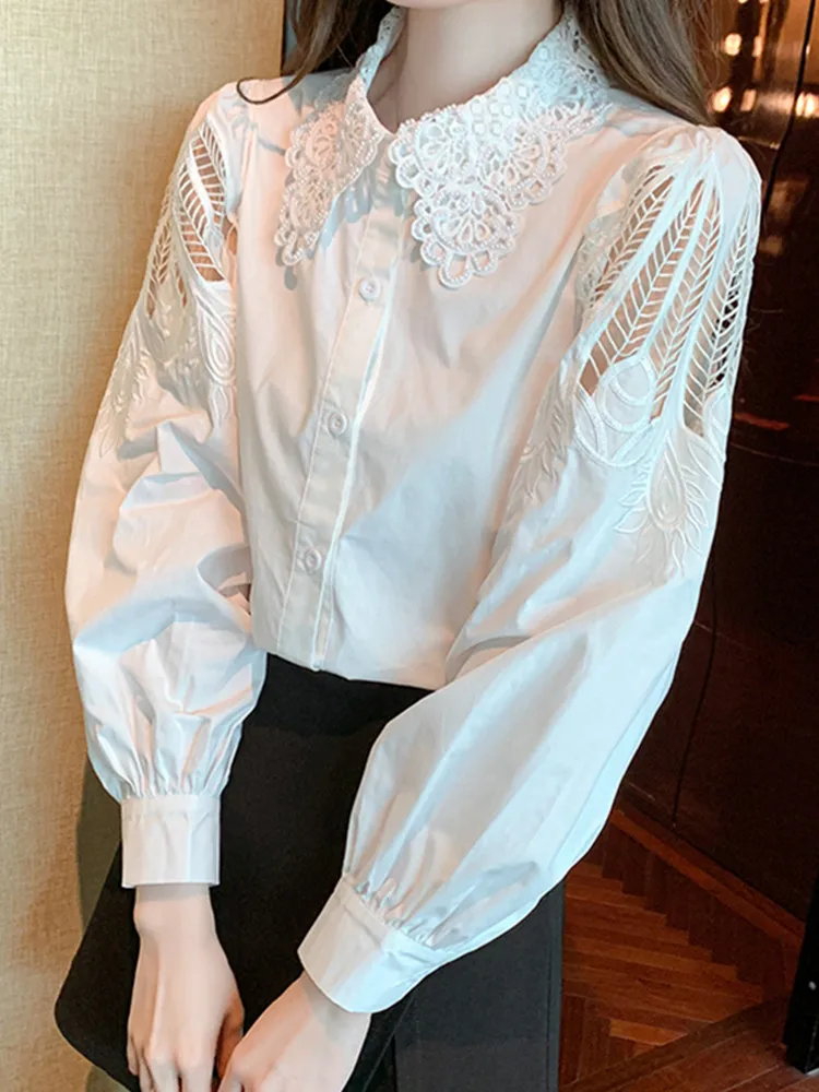 SMTHMA New Autumn Design Embroidered Hollowed Out Shirt Women Beaded Lace Neck Loose Slim Long Sleeved Blouse Top