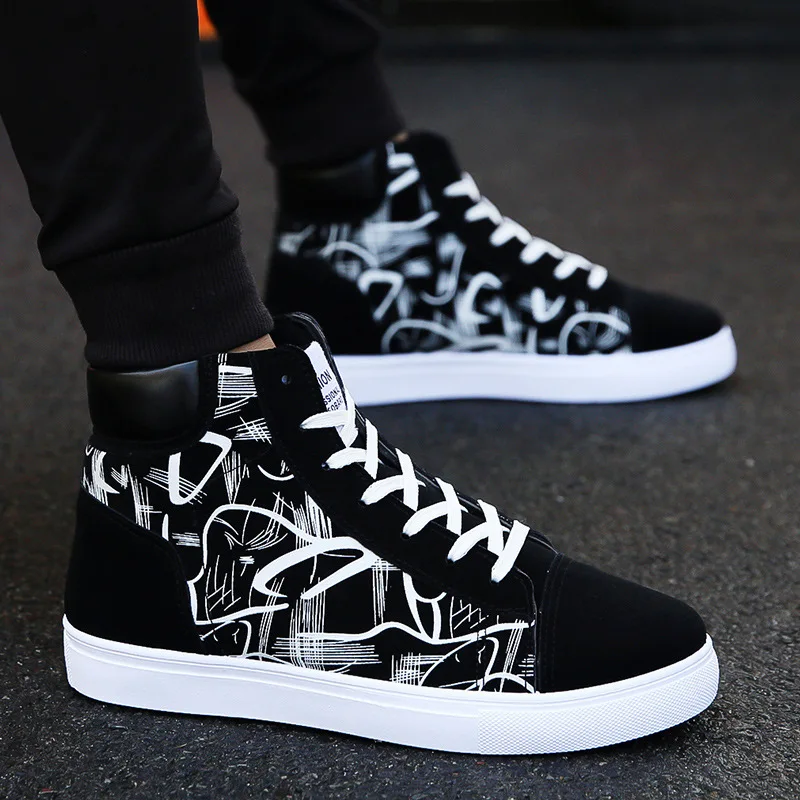 

Spring and Autumn Fashion High Top Flat Bottom Black Vulcanized Men's Shoes Student Canvas Trend Winter Youth Board Shoes