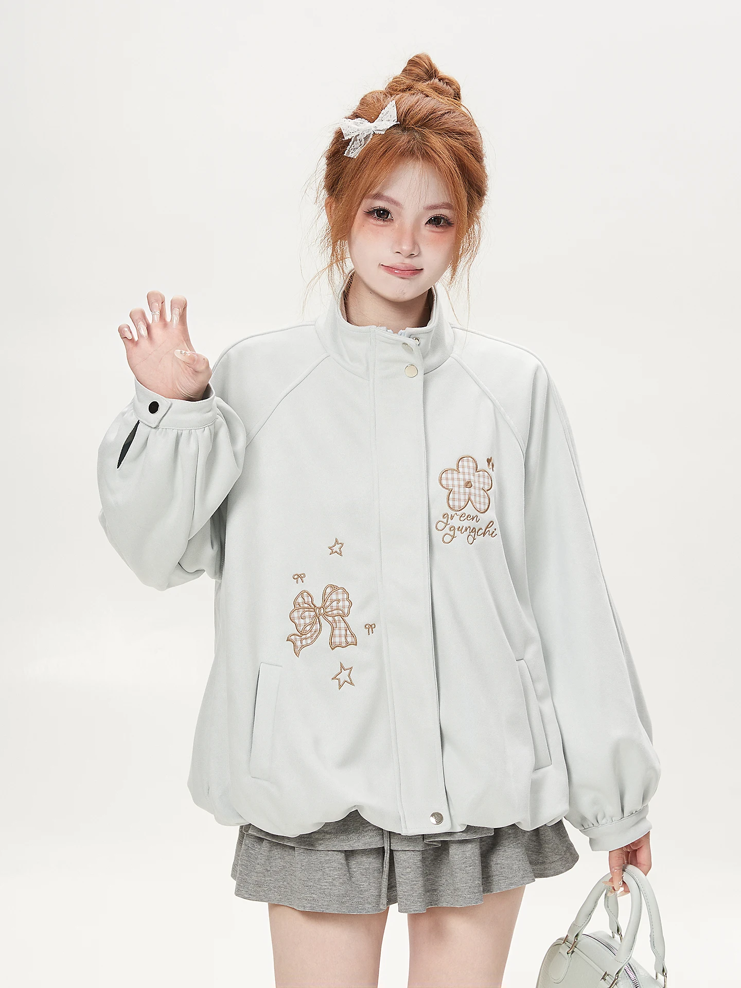 Cute Embroidered Hooded Jacket Women's Loose Fit Soft Stand Collar Slimming Ant Pattern Casual Fashion Outerwear Coat