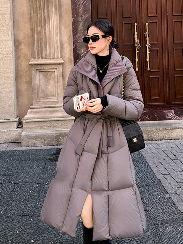 Winter High-end Long Hooded Down Jacket Women White Duck Down Puff Fluffy Outwears Female Warm Parker Knee Length Down Jacket