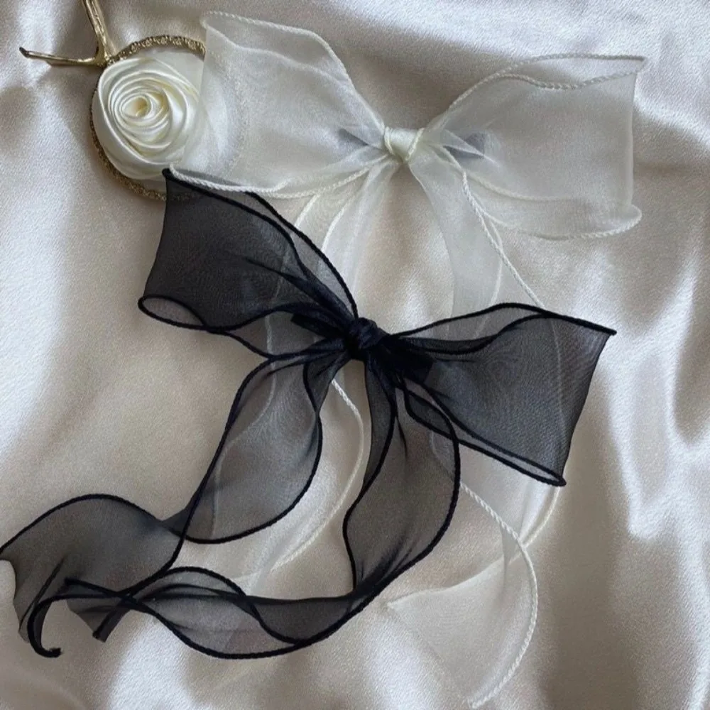White Black Organza Bow Fluttering Ribbon Hair Ties for Women French Female Headdress Elastic HairRope Girl Hair Accessories