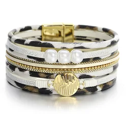 ALLYES Vintage Metal Coin Pearl Beads Leopard Leather Bracelet for Women Statement Multilayer Wrap Bracelets Charm Jewelry