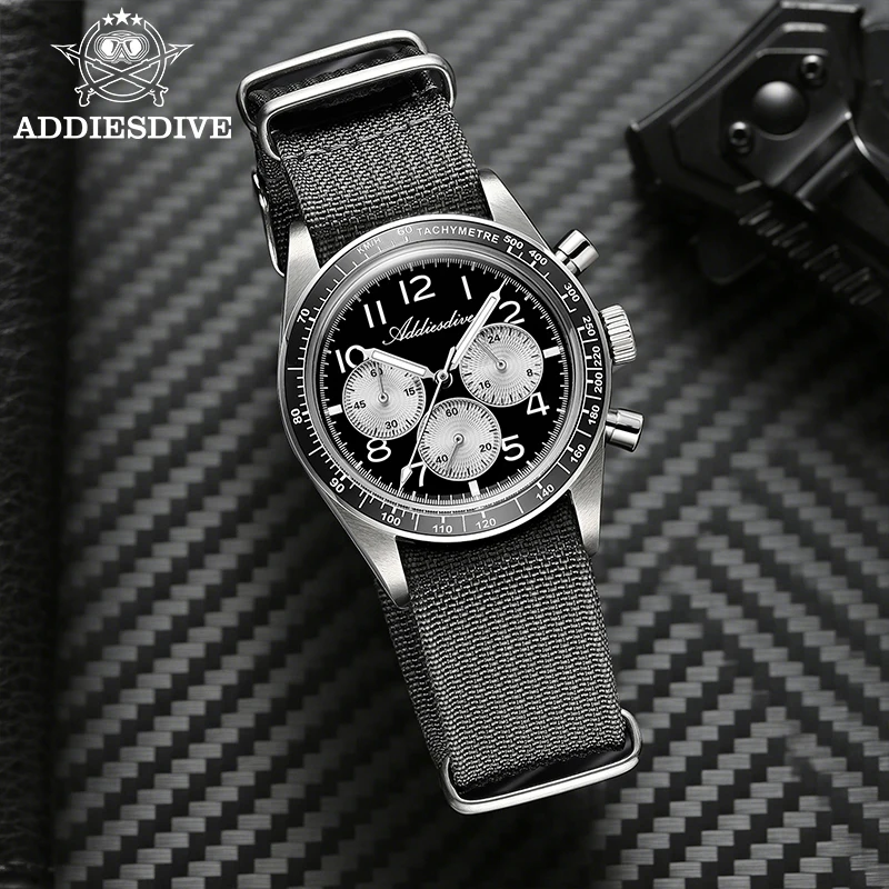 

ADDIESDIVE Men's Chronograph Quartz Watch 37mm Bubble Glass 100m Waterproof Watches Ceramic Bezel BGW9 Luminous Sport Wristwatch