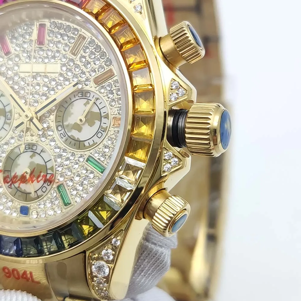 2026 Parnsrpe VK63 Men\'s Luxury Watch Iced Out Full Diamond Rainbow Bezel Chronograph Mechanical Watch Business Gift
