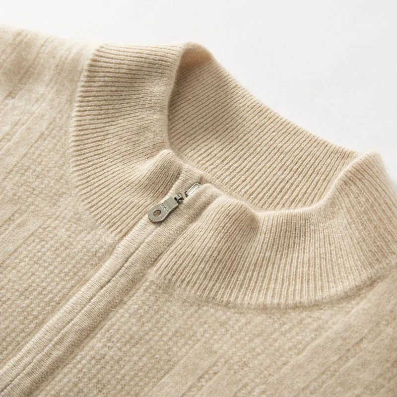 Semi-High Neck Zipper Pullover Cashmere Sweater Long Sleeve Men's Sweater Loose Solid Color Wool Casual Knitting Bottoming