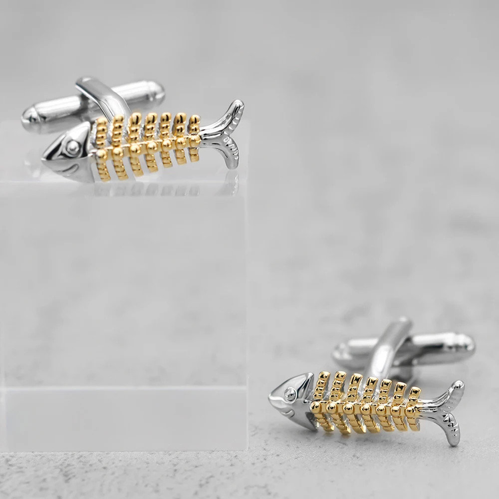 

New Arrival Fun Animals Fish Cufflinks Gold-color Lovely Fish Bone Design Hotsale Copper Material Wholesale&Retail