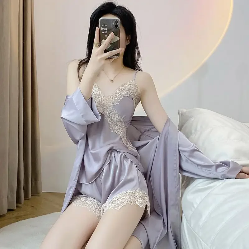 Summer pyjamas with breast pad women spring and autumn sexy  ice silk thin lace slip nightdress nightgown home wear