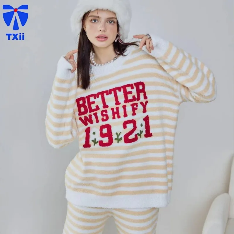 Autumn and winter soft half velvet can be worn outside warm women's pajamas home clothes suit and dress dress striped nightgown