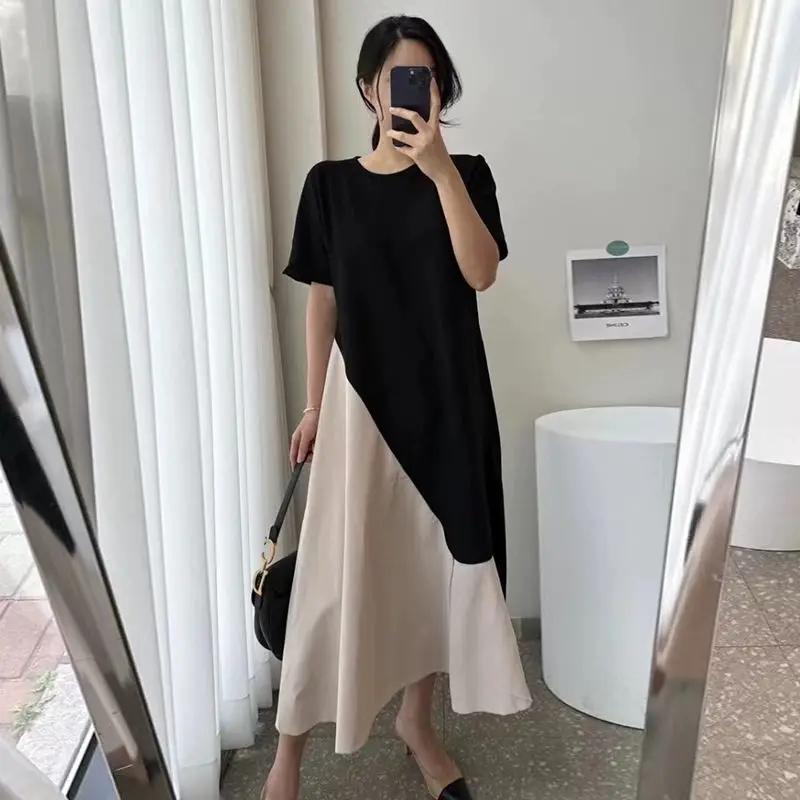 2025 صيف جديد كوريا فستان امرأة غير النظامية Vestidos رداء Elbise فضفاض حجم كبير المرقعة قصيرة الأكمام فستان طويل #4