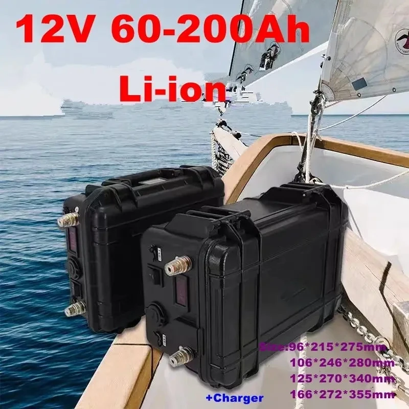 waterproof 12V 60Ah 80Ah 120Ah 150ah 180ah 200ah Lithium ion battery for trolling motor boat +10A Charger.