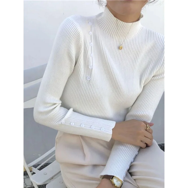 Women Knitted Sweater Long Sleeve Button Turtleneck Slim Pullovers for Autumn Winter Female Sweaters Soft Warm Bottoming Tops