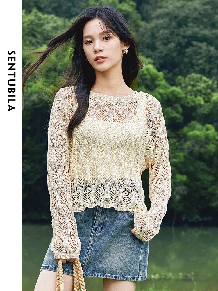 

SENTUBILA Casual Loose Knitted Pullover Woman summer Hollow Out Round Neck Long Sleeve Apricot Tops Female Clothing W52H58973X