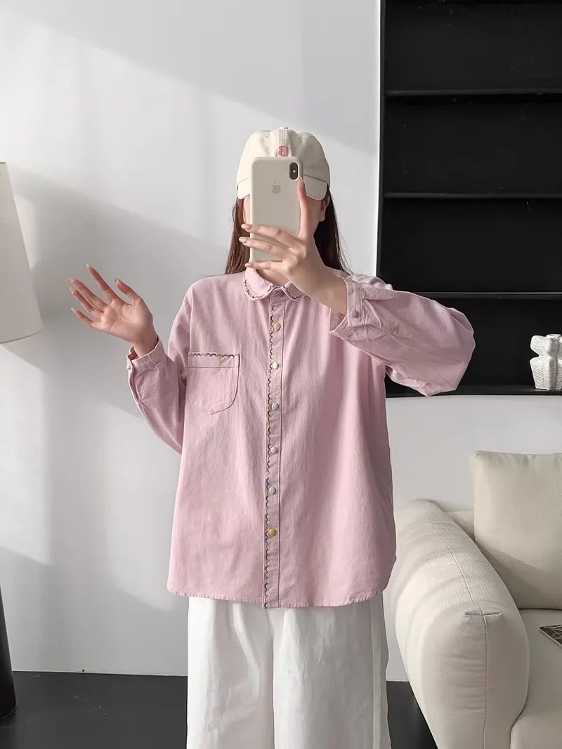 Novo 2026 primavera algodão camisa de manga longa, feminino turn-down colarinho bordado, mori menina estilo preppy chique blusa solta t5d884cc