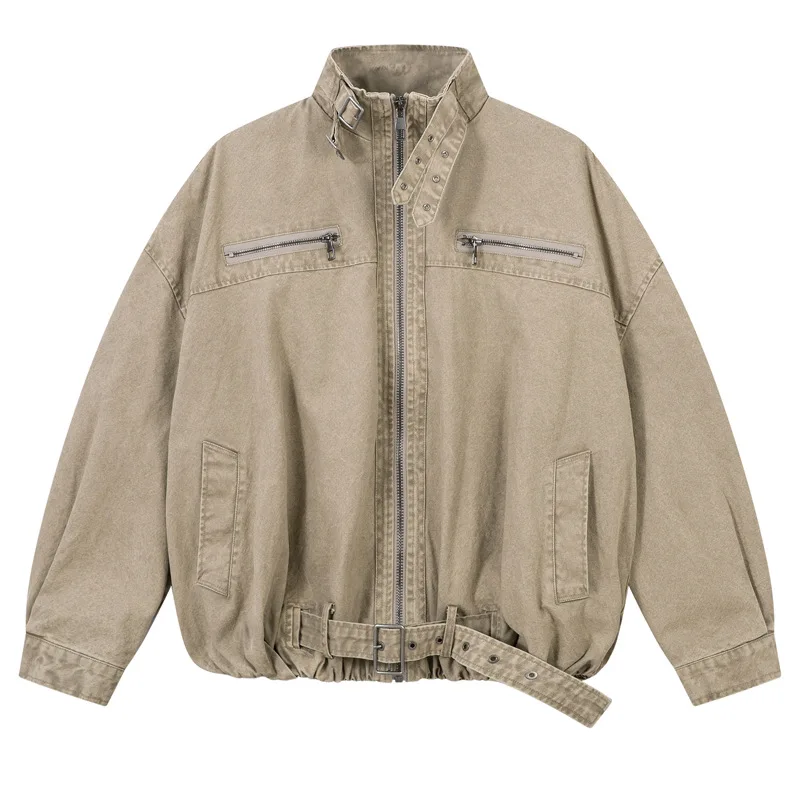 American Street Style Stand Collar Denim Jacket Unisex Short Zipper Design Loose Jacket Cool Casual Trendy Brand