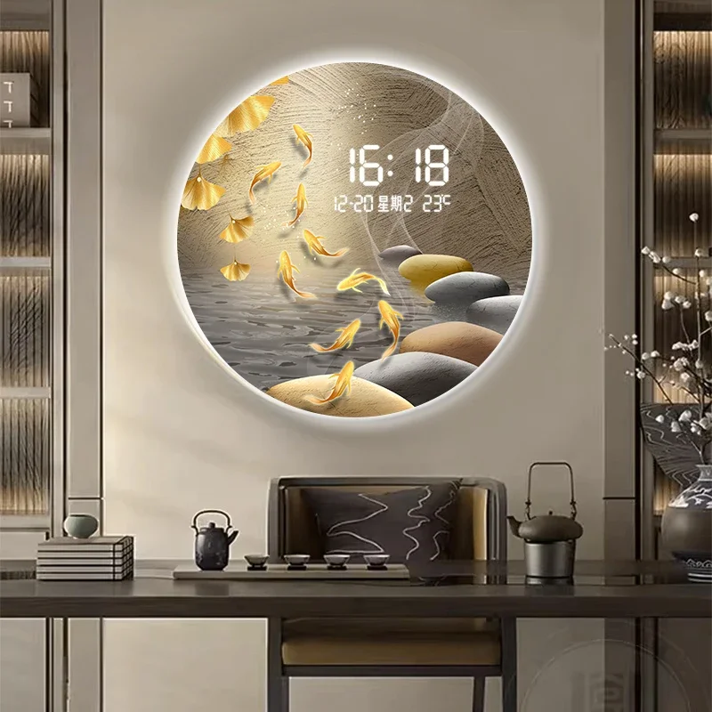 New Chinese Entrance Decorative Painting Electronic Clock Nine Fish Jucai Restaurant Living Room Decorative Wall Clock