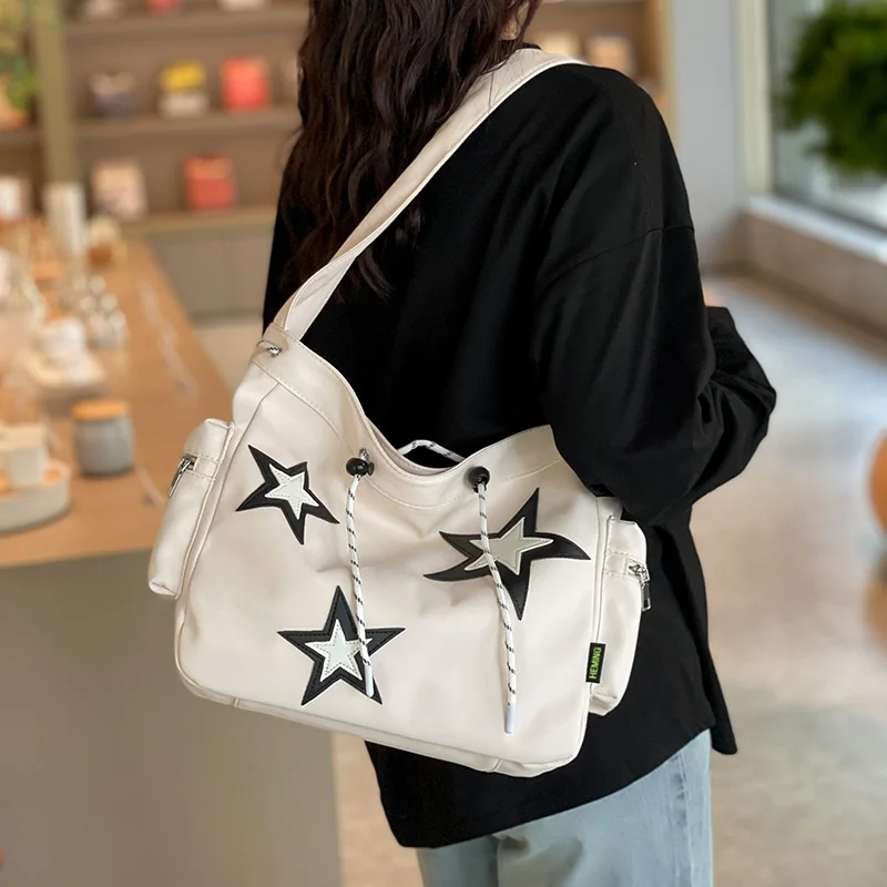 

New Large Capacity Star Printed Women's Nylon Cloth Single Shoulder Tote Bag Simple Casual Sports Storage Bags