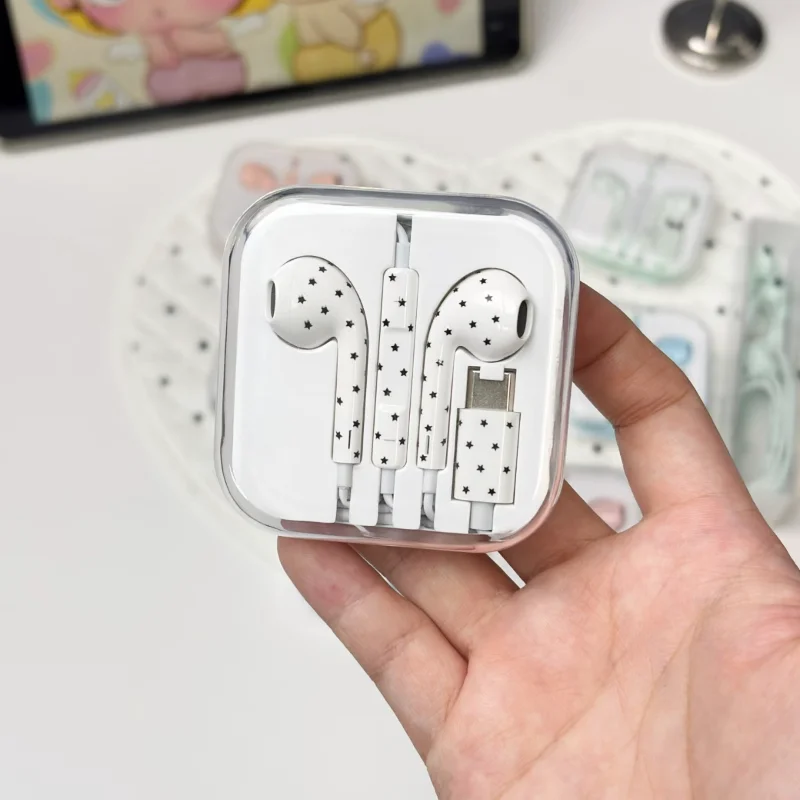 Cute Polka-dot Star Type C Earphone For Mi Iphone Samsung Headset Hifi Gaming Music Wired Earbuds Korean Style In Ear Headphones