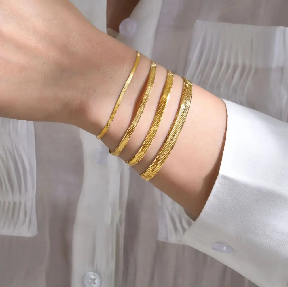 eManco 10PCS Blade Chain 2/3/4/5MM Trendy Snake Chain Bracelet Gold Color Stainless Steel Chain Bracelet For Women Jewelry Gift