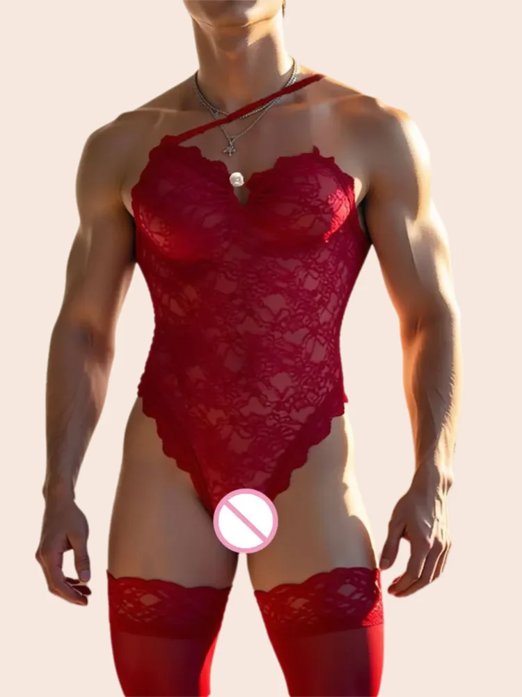 

sexy porno lingerie Red lace Pearl Buckle tight-fitting Jumpsuit for men flirtatious pajamas stockings Erotic costume adult 18+