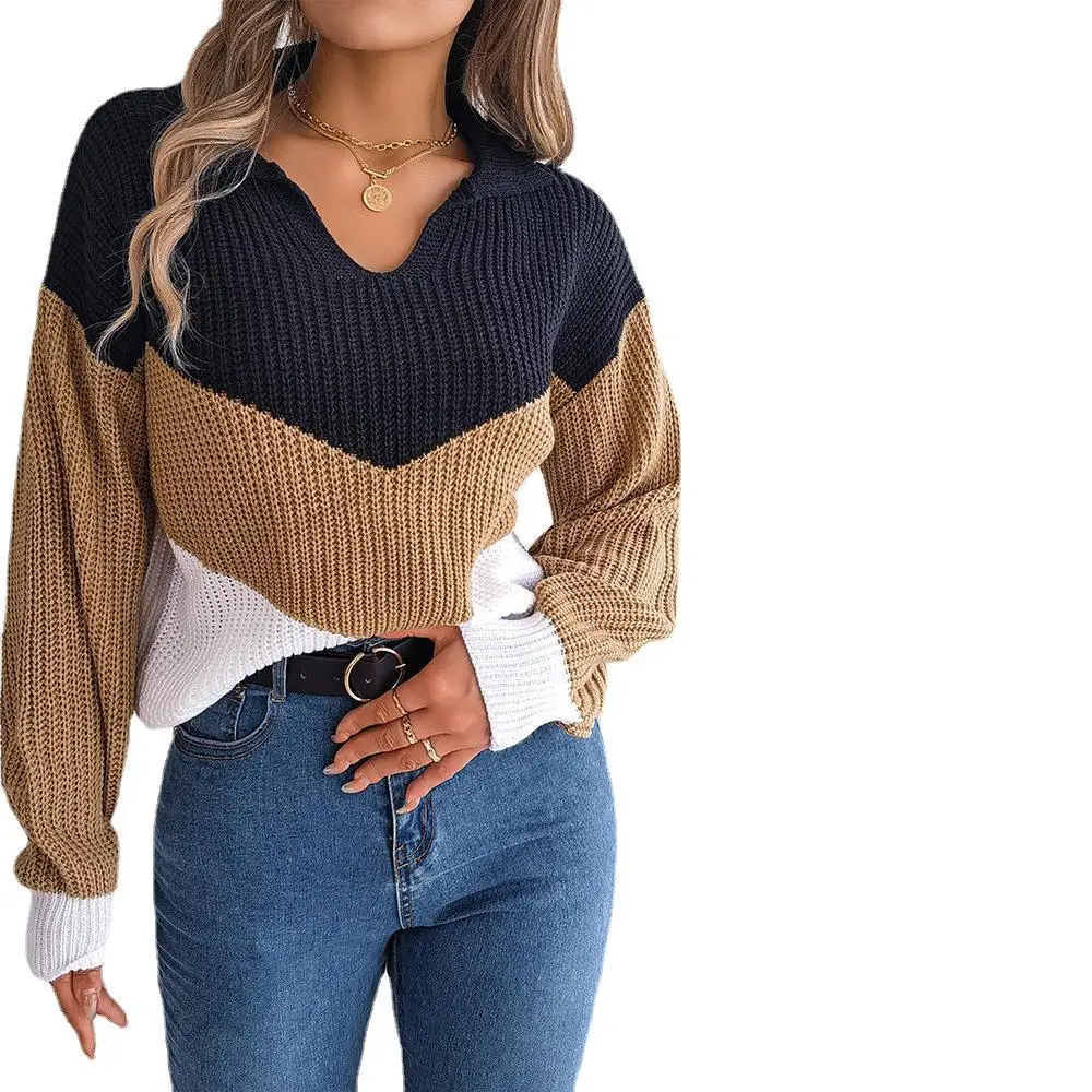 Women Elegant Patchwork Print Knit Sweater 2024 Autumn Sexy V-Neck Long Sleeve Pullover Tops Ladies Winter Casual Loose Jumper